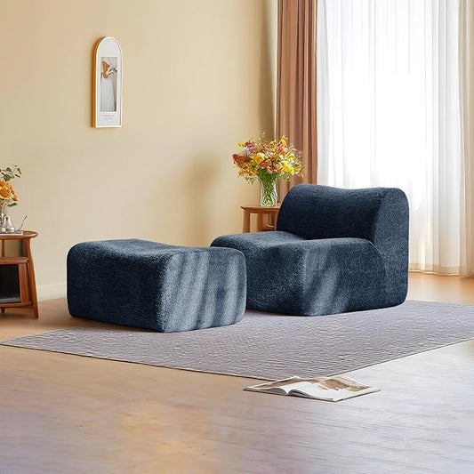 Lazy Sofa Chair, Modern Comfy Raindrop Velvet Fabric Deep Seat Armless Lounge Chair Movable Ottoman Set, 1-Seater Modular Sectional Sleeper Couch for Living Room, Bedroom, Office, Salon, Blue