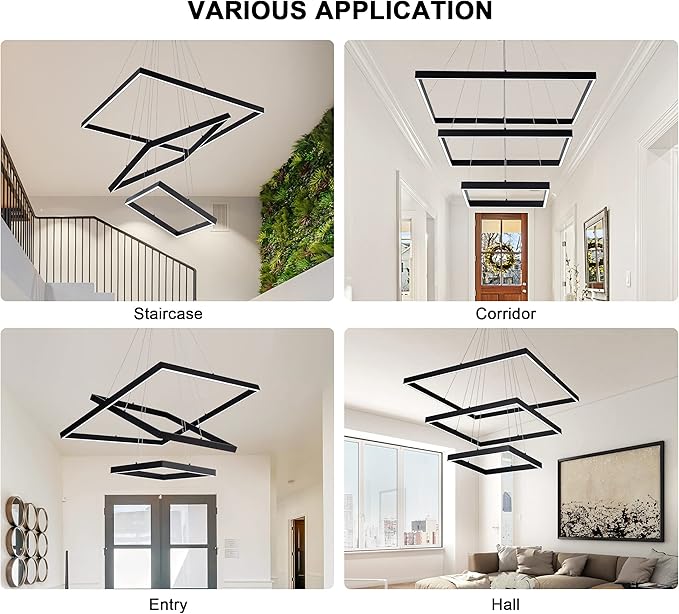 Led Chandelier 3 Rings Square Modern Led Pendant Lighting Dimmable Ceiling Pendant Light for Dining Room Living Room Kitchen Bedroom 15.7"+19.6"+31.4" Black