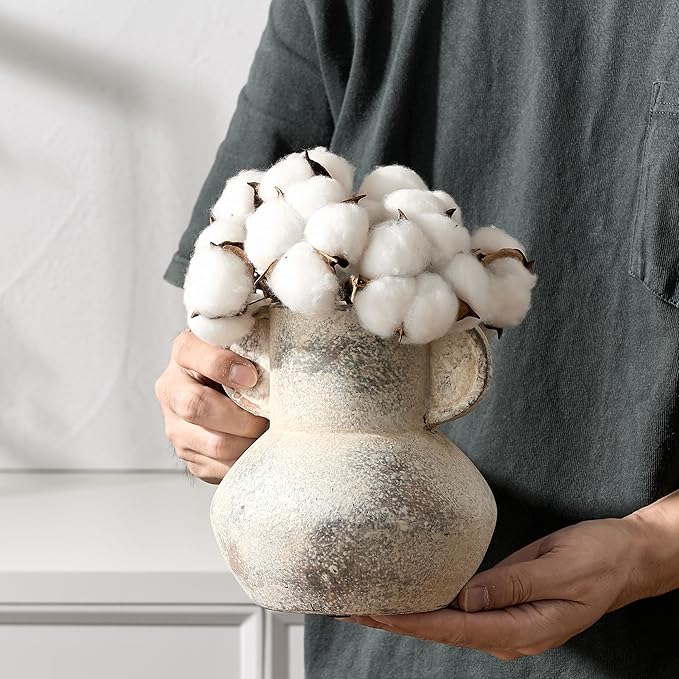 Antique Ceramic Vase with 2 Handles, 6.1 Inch Farmhouse Rustic Vase, Small Decorative Pottery Flower Vases for Home Decor, Wedding, Living Room, Table, Shelf Decor, Terra