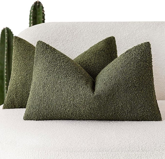 Foindtower Pack of 2 Textured Boucle Throw Pillow Covers Accent Solid Decorative Lumbar Pillow Cases Cozy Couch Cushion Case for Chair Sofa Bedroom Living Room Home Decor 12x20 Inch Moss Green