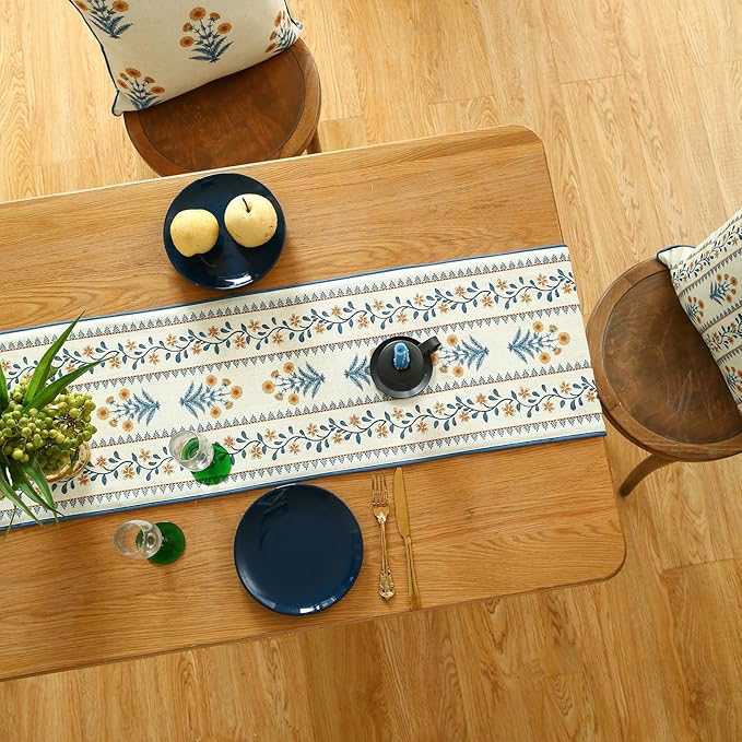 ISAENNE Designer Pale Yellow Elegant Linen Table Runner 102 Inches Long,French Floral Pattern Elegant Table Runners for Dining Tables,Thanksgiving,Kitchen Tables,Christmas,12"*102"-Estevan A