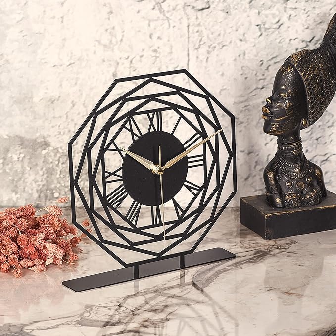 8.9x9.5 Metal Desk Clock, Black Round Silent Non-Ticking Analog Table Clock, Battery Operated, Decorative Desk and Shelf Clock, Desk Clocks for Living Room Bedroom Kitchen Office School