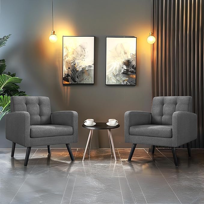 Yaheetech Mid-Century Accent Chairs, Modern Upholstered Living Room Chair, Cozy Armchair Button Tufted Back and Wood Legs for Bedroom/Office/Cafe, Set of 2, Gray