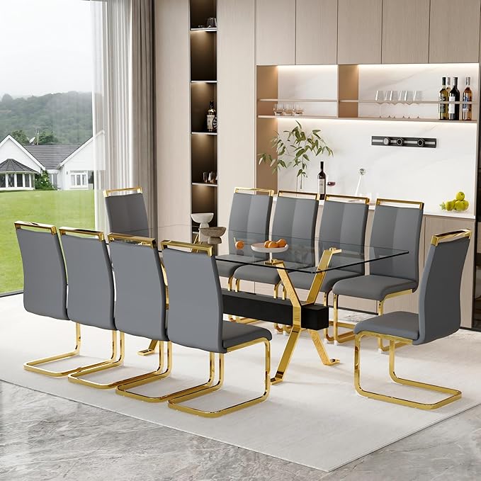 11 Piece Glass Dining Table Set, 79" Modern Dining Table Set for 10, 0.5" Thick Tempered Glass Tabletop with Gold Chrome Metal Legs and Black Crossbar, 10 PU Chairs for Dining Room, Kitchen