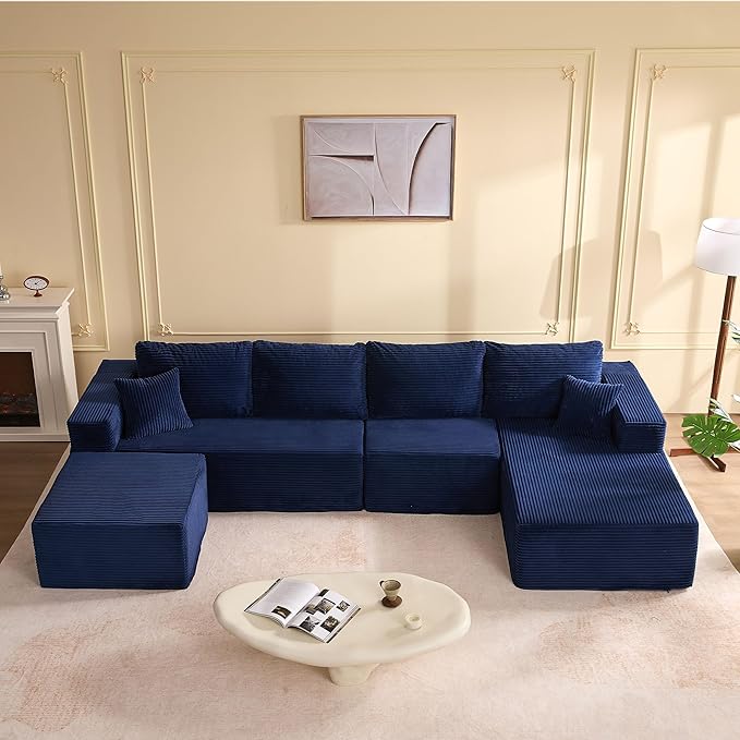 138" Boneless Couch with Deep Seat, Modular Sectional Sofa, Cloud Sectional Couch for Living Room, No Assembly Required, Corduroy, U-Shape 4 Seater Right, Blue
