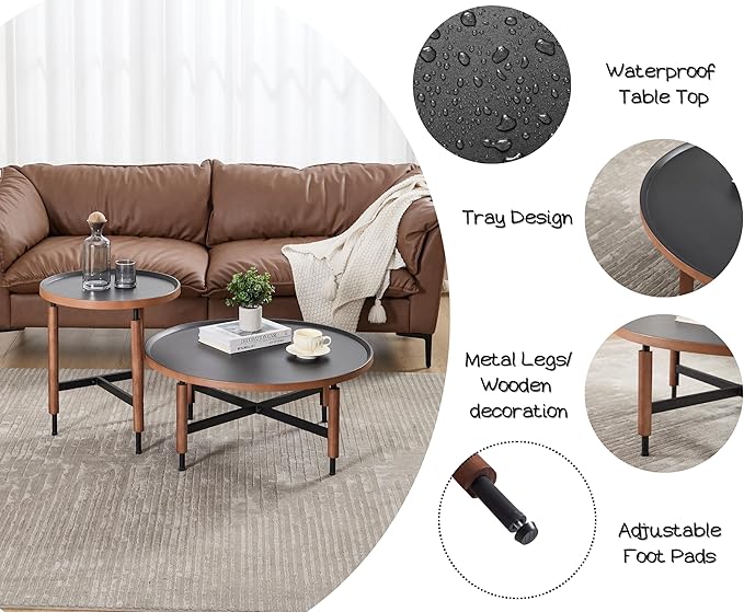 EALSON Nesting Coffee Table Set of 2 Round Coffee Tables with Black Metal Legs/Wood Top Mid Century Modern Centre Table Circle Accent Side Tables for Living Room Bedroom Walnut