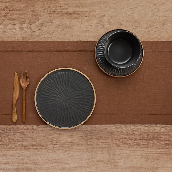 Solino Home Linen Brown Table Runner 60 Inches - Classic Hemstitch, 100% Pure Linen Coffee Table Runner 14 x 60 Inch Ideal for Dresser Tables, Fall, Autumn, Thanksgiving