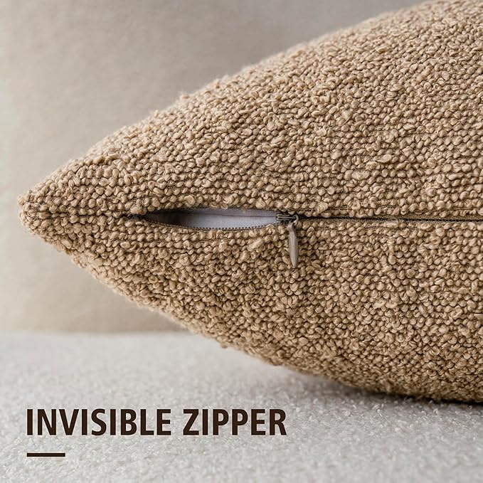 Foindtower Set of 2, Decorative Textured Boucle Throw Pillow Covers Accent Solid Pillow Cases Soft Cozy Couch Cushion Case for Chair Sofa Bedroom Living Room Home Decor 16 x 16 Inch Taupe Khaki Camel