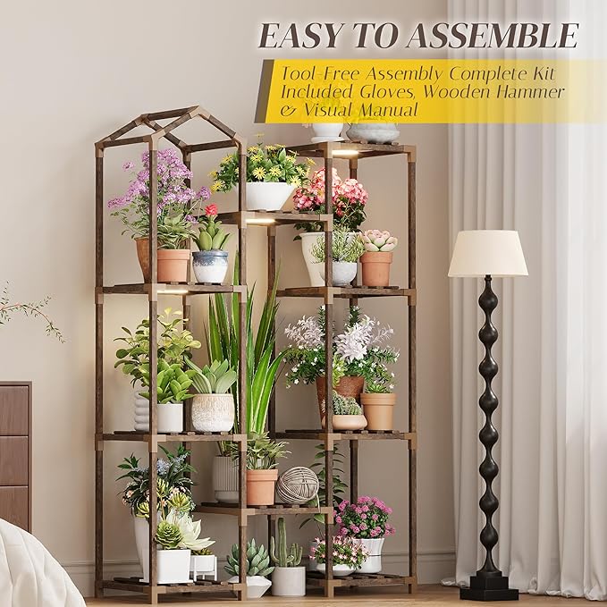 Wooden Plant Stand with Grow Light, 4-Tier Indoor Ladder Shelf with Roof Design, Carbonized Wood Rack for Balcony, Corner, or Living Room, Space-Saving Decorative Holder