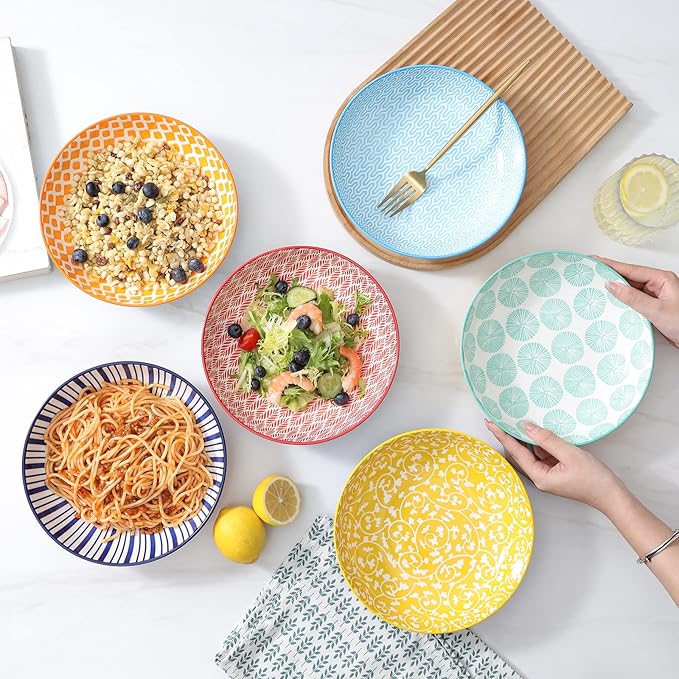 KitchenTour Pasta Bowls 26 Ounce, 8 inch Porcelain Ceramic Soup Dinner Salad Serving Bowls Set of 6, Dishwasher and Microwave Safe, Assorted Colors
