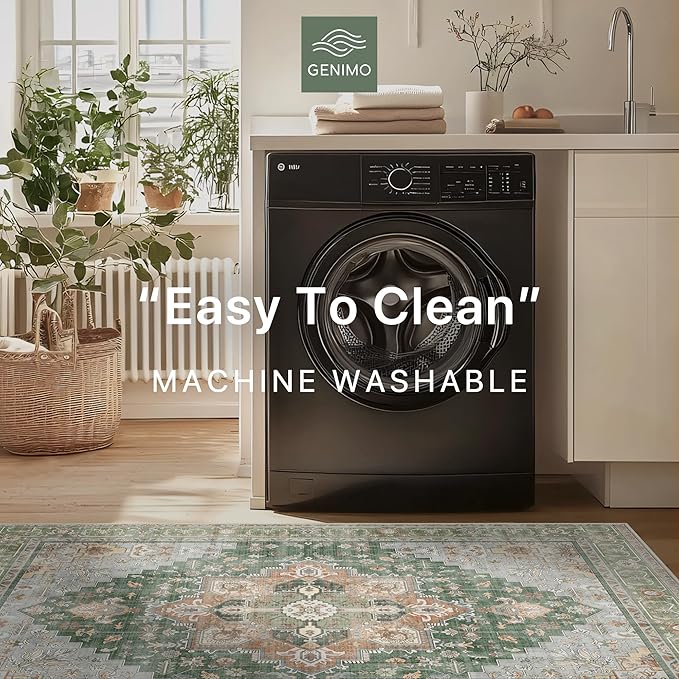 GENIMO 7x10 Area Rugs for Living Room, Machine Washable Non Slip Vintage Rugs, Low Pile Lightweight Chenille Print Rug for Bedroom, Dining Room, Home Office,Sage Green