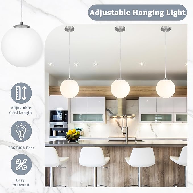 KoKo&Yukina 10 Inch Pendant Light Nickel Globe Pendant Lights Kitchen Island Mid Century Light Fixture Adjustable Globe Cluster Lights with Milky White Glass Shade for Dining Room Living Room