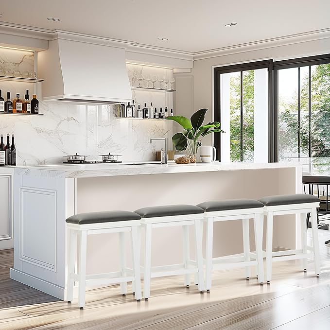 MAISON ARTS Counter Height 24 inch Bar Stools Set of 2 for Kitchen Counter Solid Wood Legs with Faux Leather Padded Seat Farmhouse Barstools for 34"-38" Counter Island Upholstered Stools, Black+White