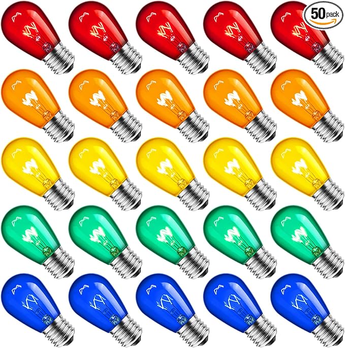 S14 Christmas Replacement Light Bulbs, 50 Pack Glass Edison Vintage Bulbs, 11 Watt, E26 Medium Base, Waterproof Commercial Christmas Bulbs for Indoor Outdoor Home Patio Garden Decoration, Multicolor