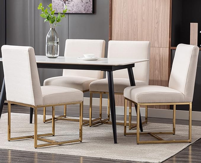 VESCASA Linen Upholstered Dining Chairs Set of 4, Mid Century Modern Padded Chair with Gold Metal Frame for Restaurant, Dining Room, Kitchen, Cream