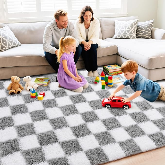 Checkered Rug for Living Room 8x10, Ultra Fluffy Fuzzy Shag Large Area Rug for Bedroom, Modern Plush Soft Upgrade Non-Slip Carpet for Kids Girls and Boys Room Dorm Home Decor, White and Grey