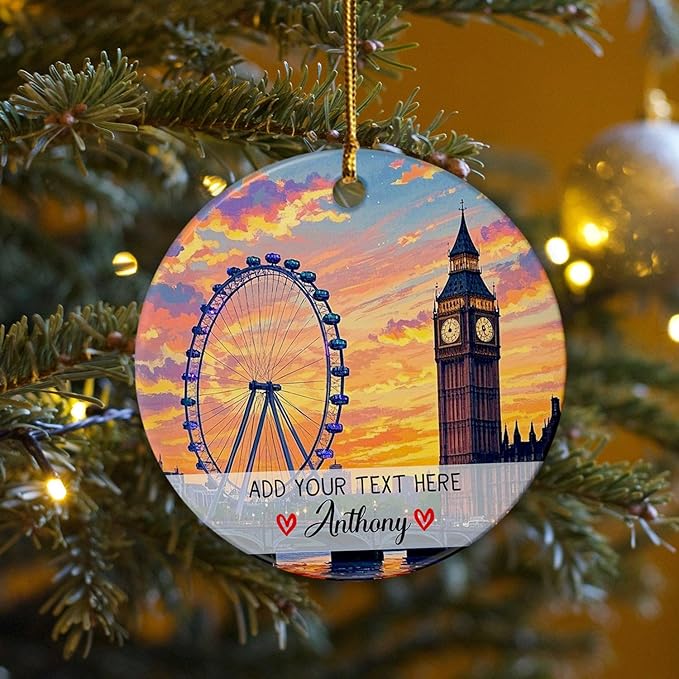 Personalized Millennium Wheel London Ceramic Christmas Tree Ornament, Millennium Wheel Souvenir Xmas Keepsake Ornaments, Customized Text/Name London Trip Memories Christmas Ornament Gifts for Family