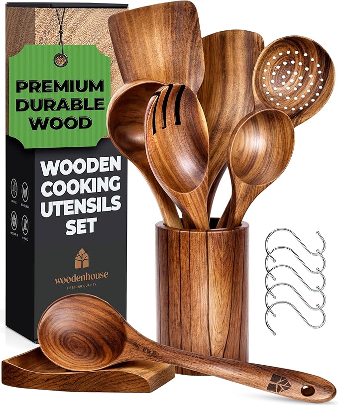 Teak Wooden Utensil Set with Spoon Rest & Hooks - Durable Wooden Spoons for Cooking with Comfort Grip - Effortless Clean, Non-Stick Friendly 8 Pcs