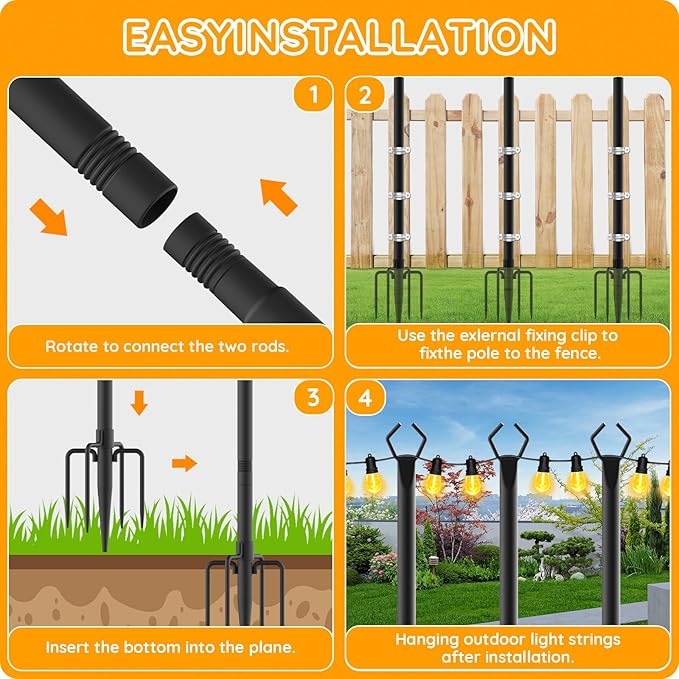 4 Pack String Light Poles, Outdoor String Light Pole 10ft Forked Metal Light Pole with Adjustable Outdoor Light Stand, Deck, Backyard, Garden, Wedding, Rustproof and Sturdy with Hooks