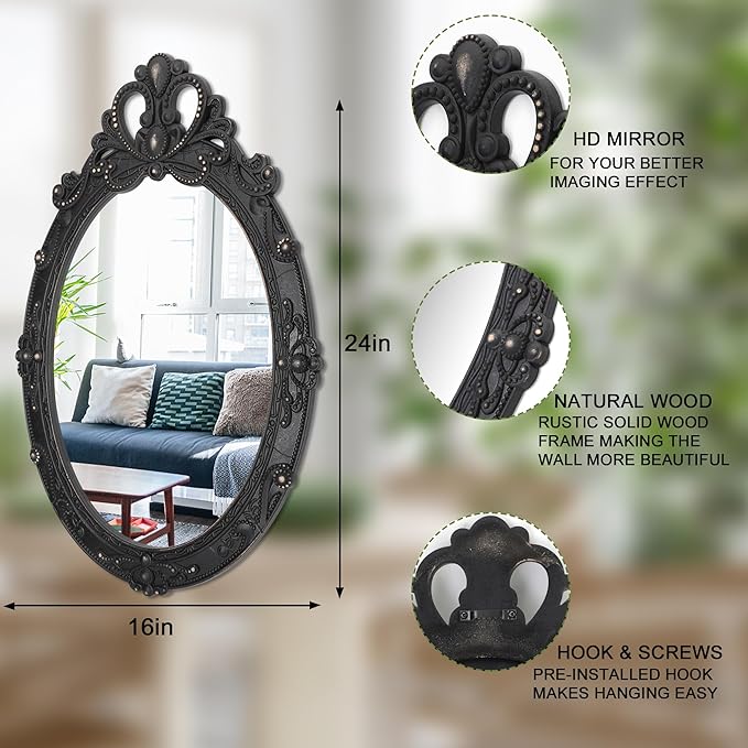 Vintage Black Hanging Wall Mirror Wall Decor 24"x16" Antique Oval Carved Wood Frame Bathroom Mirror Vanity Rustic Wall Mounted Mirrors Decorative Farmhouse Mirrors for Bedroom Living Room