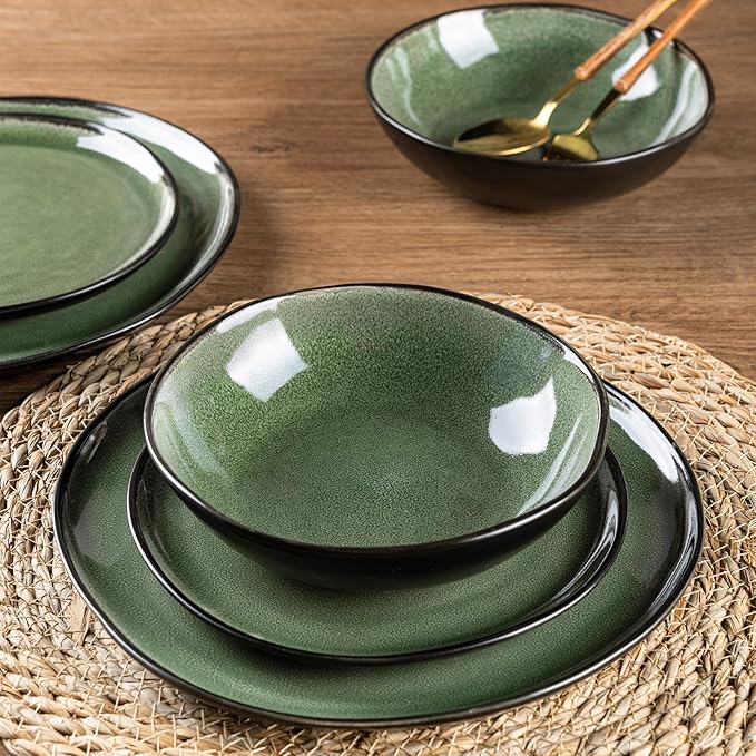 AmorArc Ceramic Dinnerware Sets,Handmade Reactive Glaze Stoneware Plates and Bowls Set,Highly Chip and Crack Resistant | Dishwasher & Microwave Safe Dishes Set,Service for 4 (12pc)