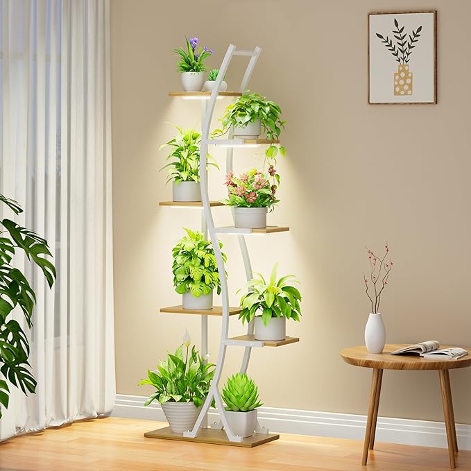 Plant Stand Indoor with Grow Lights - 7 Tiered Tall Metal Plant Shelf - Corner Wooden Plant Stand for Indoor Plants Multiple, Large S-Shape Flower Rack Holder for Living Room, Garden, Patio Decor, 62"