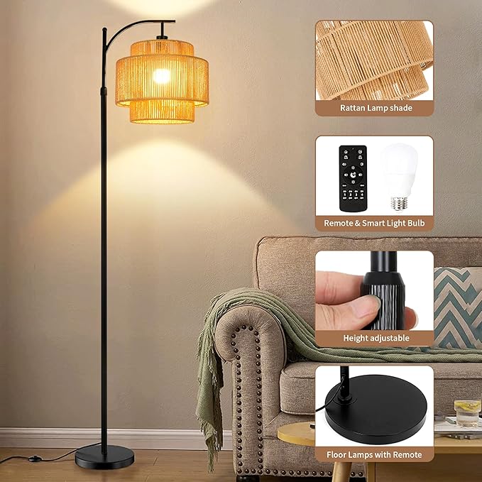 Rattan Floor Lamp for Living Room Bedroom Boho Arc Standing Lamp with Remote Dimmable Black Farmhouse Wicker Bamboo Lamp Shade Floor Light Tall Lamp Industrial Floor Lamps Bohemian Decor