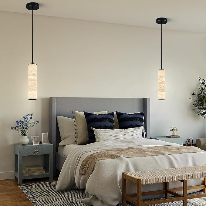 LMQNINE Natural Alabaster Pendant Lights for Kitchen Island White Marble Long Tube Chandelier Black Modern Ceiling Light Fixtures for Living Room Bedroom Dining Room Table Hallway(S-2Pack)