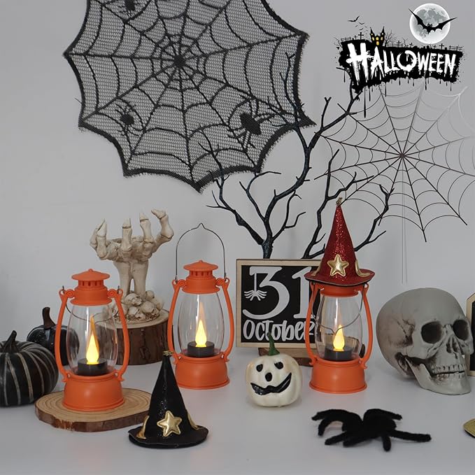 Orange Mini Lanterns Decorative 6-Pcs for Fall Halloween Thanksgiving Decoration, Small Western Lantern with LED Flickering Candle for Cowboy Camping Christmas Wedding Decor, Centerpiece Table