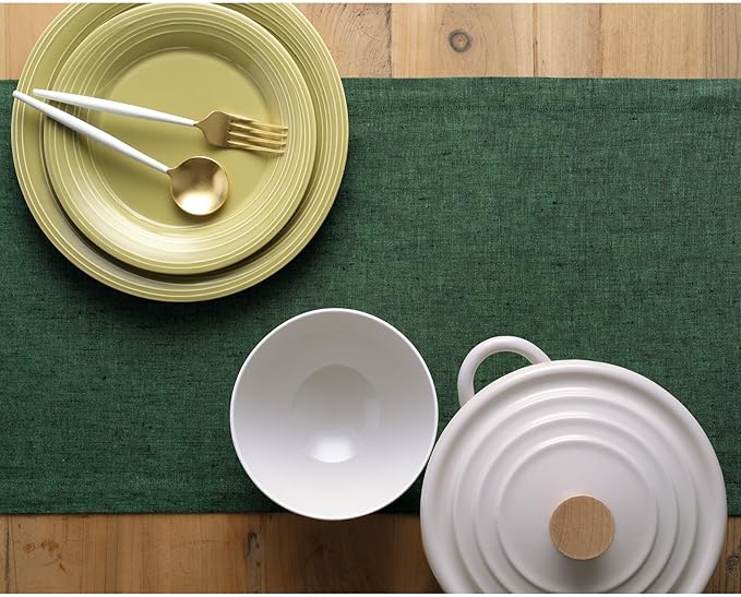 Solino Home Linen Table Runner 36 Inches - 100% Pure Linen Forest Green Table Runner 14 x 36 Inch Ideal for Dresser and Coffee Tables - Athena - Christmas, Thanksgiving