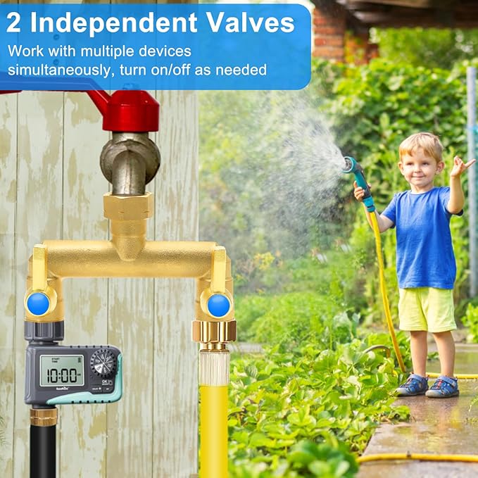Garden Hose Splitter Full Flow, 2 Way Heavy Duty Outdoor Brass Hose Splitter with Metal Shutoff Valve and Long Handle Outdoor Faucet Diverter, 3/4" GHT Threads，Water Flow Increase