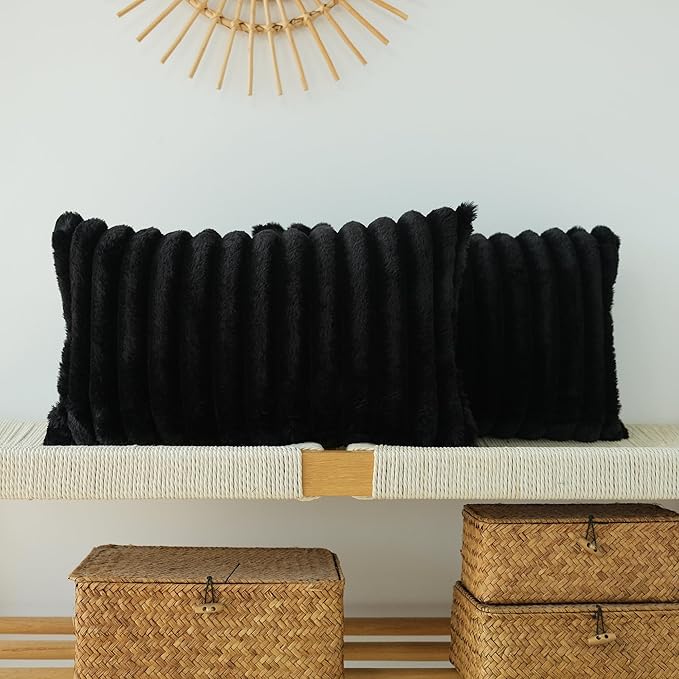 JOJUSIS Pack of 2 Faux Fur Plush Decorative Throw Pillow Covers Couch Cushion Case Soft Pillowcases (Black, 12 x 20-Inch)