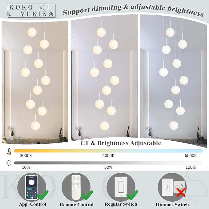 KoKo&Yukina Globe Pendant Light Adjustable Hanging Light Staircase Chandelier Milk Glass Pendant Lights with Milky White Glass Shade Globe Lights for Staircase