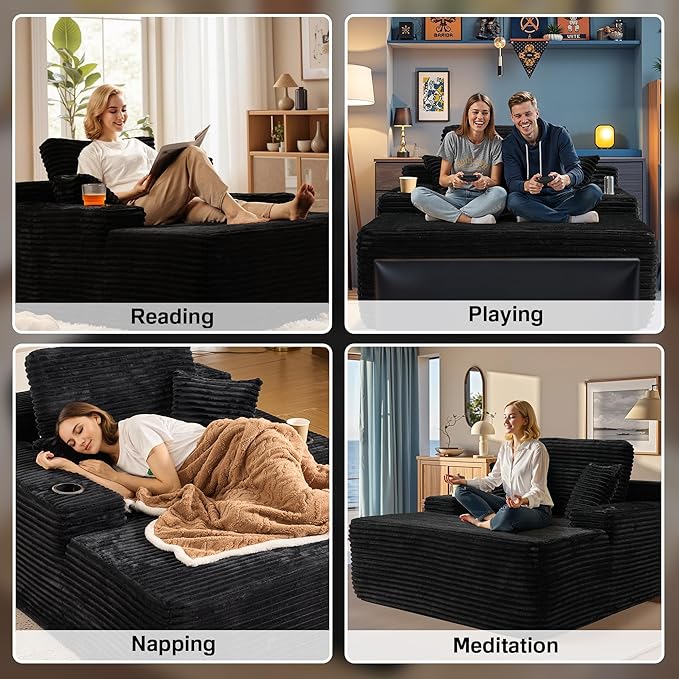Chaise Lounge Chair Indoor, 67" Oversized Comfy Plush Fur Sleeper Sofa Bed with Cup Holders and Wide Armrests, Boneless Upholstered Recliner Bed, Modern Cloud Couch for Living Room, Black