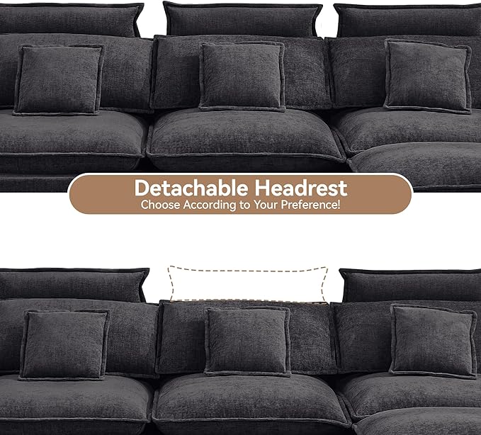 103'' Cloud Modern 3 Seater Couch with Detachable Headrest, Modular Sectional Sofa with Ottoman, Oversized L Shape Chenille Comfy Sofa with Armrests for Living Room, Dark Grey