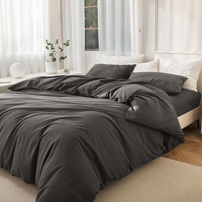 JIYUAN 100% Washed Cotton Duvet Cover Set 3 Pieces Cal King, 1 Duvet Cover 104x98 Inches(Comforter Not Included) and 2 Pillowcases,Linen Feel Bedding Set Comfy and Breathable,Solid Dark Grey
