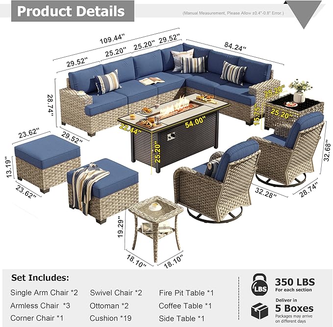 HOOOWOOO Outdoor Sectional Patio Furniture Set with Fire Pit Table,13 Pieces Wicker Conversation Sets L Shaped Couch,Extra Deep Out Door Sofa Outside Furniture with Swivel Chairs Ottoman,Denim Blue