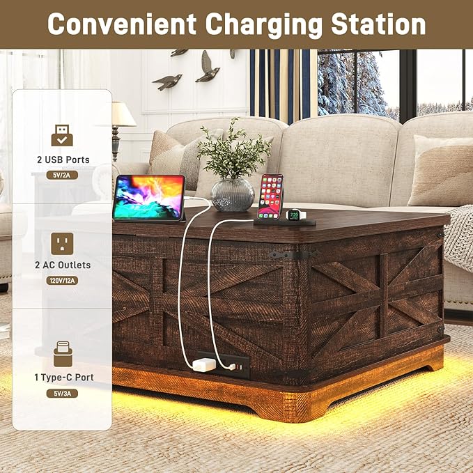 36" Farmhouse LED Lift Top Coffee Table with Storage and Power Outlets, Square Wood Living Room Tables with LED Lights & Large Hidden Space, Lift Wooden Barn Door Center Table, Brown