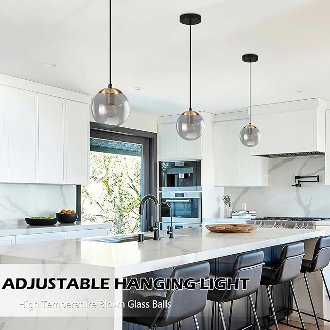 KoKo&Yukina 6 Inch Globe Pendant Light Gold Globe Pendant Lights Kitchen Island Mid Century Light Fixture with Grey Glass Shade for Dining Room (2 Pack)