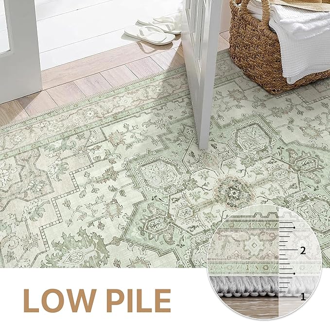 GENIMO 7'6''x9'6'' Area Rugs for Living Room, Machine Washable Non Slip Vintage Rugs, Low Pile Lightweight Chenille Print Rug for Bedroom, Dining Room, Home Office, Oat Light