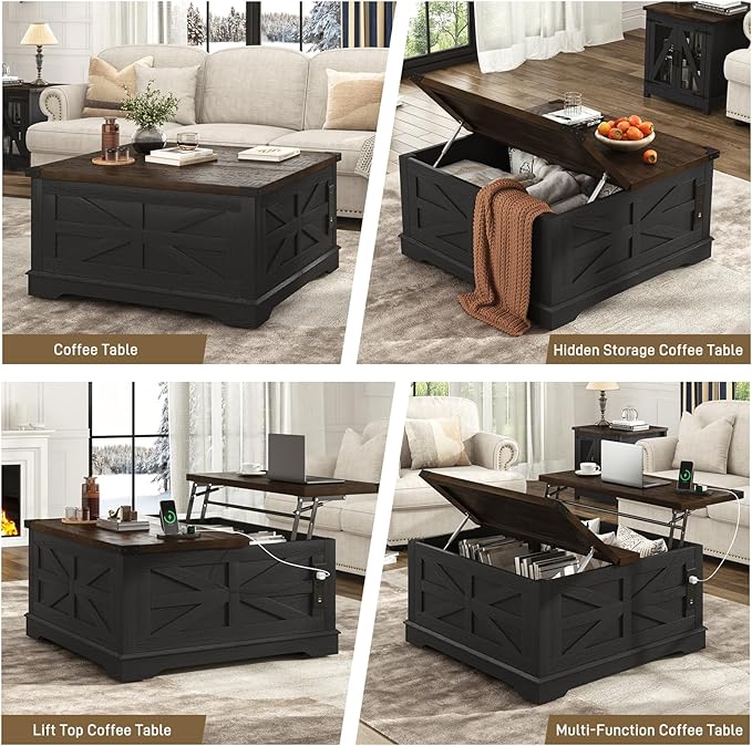 36" Farmhouse Movable Lift Top Coffee Table with Storage and Power Outlets, Square Wood Living Room Tables with Wheels&Large Hidden Space, Lift Wooden Barn Door Center Table, Black