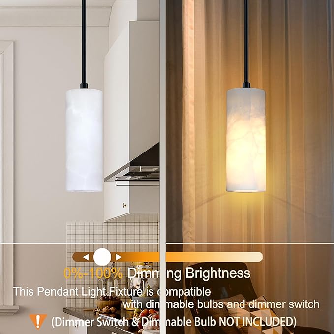 1 Light Modern Industrial Farmhouse Hanging Kitchen Island Pendant Ceiling Light Fixture,Cylinder Natural Alabaster Marble Black Finish Over Sink Restaurant bar Corridor