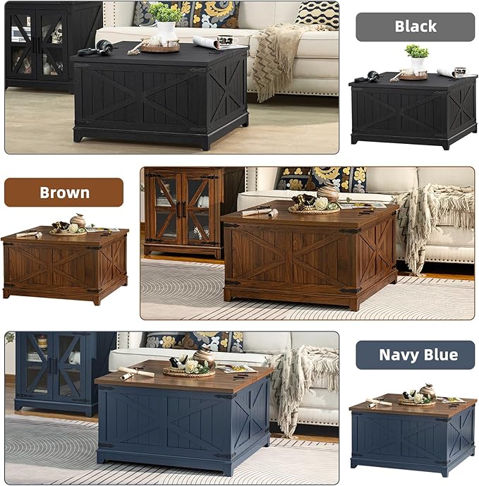 Farmhouse Coffee Table with Hidden Storage Organizer, Black Square Large Center Table, Wood Farm House Low Modern Living Room Tables with Hinged Lift Top for Home, Office