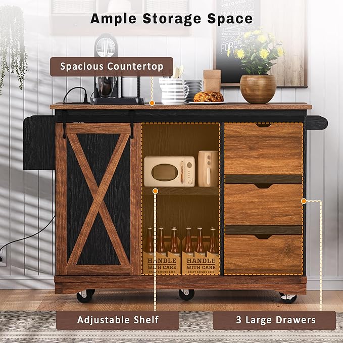 55.5" Farmhouse Kitchen Island with Drop Leaf, Kitchen Storage Island with Barn Door, Power Outlet, for Home, Kitchen, Dining Room, Black