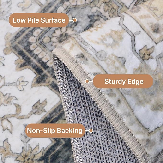 GENIMO 10x14 Area Rugs for Living Room, Machine Washable Non Slip Vintage Rugs, Low Pile Lightweight Chenille Print Rug for Bedroom, Dining Room, Home Office, Heathered Grey