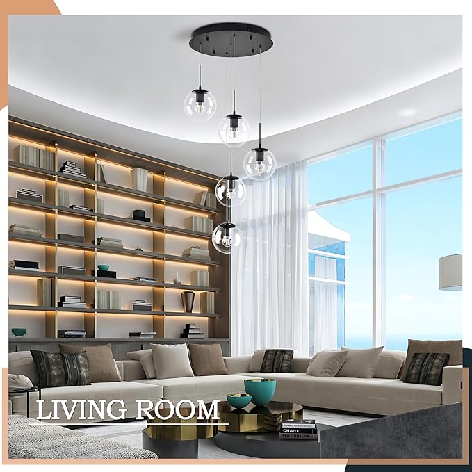 KoKo&Yukina 5-Light Globe Glass Pendant Light Adjustable Length Pendant Lights Modern Black Clear Globe Glass Chandelier High Ceiling Lights Fixtures for Foyer Staircase Entryway (Bulb & Remote Incl)