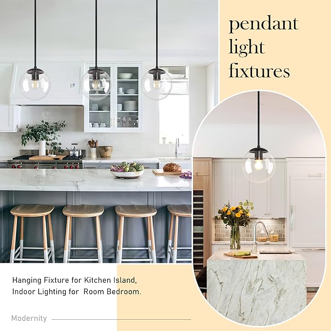 8 Inch Black Mid Century Pendant Light Globe Clear Glass Fixture Lights Kitchen Island Globe Pendant Light Mid Century Adjustable Hanging Farmhouse Lights Fixtures for Kitchen Island