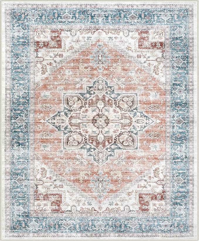 LIVEBOX 8x10 Washable Area Rug - Large Vintage Tribal Living Room Rug Oriental for Bedroom, Non-Slip Retro Medallion Carpet Print Distressed for Dining Room Guest Office