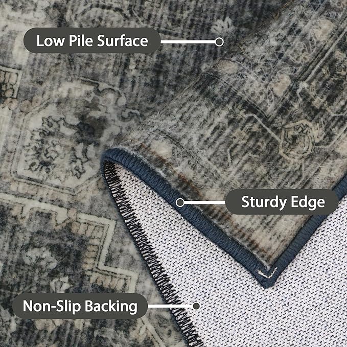 GENIMO 8x10 Area Rugs for Living Room, Machine Washable Non Slip Vintage Rugs, Low Pile Lightweight Chenille Print Rug for Bedroom, Dining Room, Home Office, Charcoal Gray