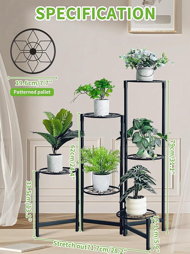 6 Tier Metal Plant Stands Outdoor Indoor, Heavy Duty Flower Pot Holder Potted Display Rack Shelf, Tall Corner Plant Shelf for Patio Garden Balcony Living Room Bedroom -BlackDiamond